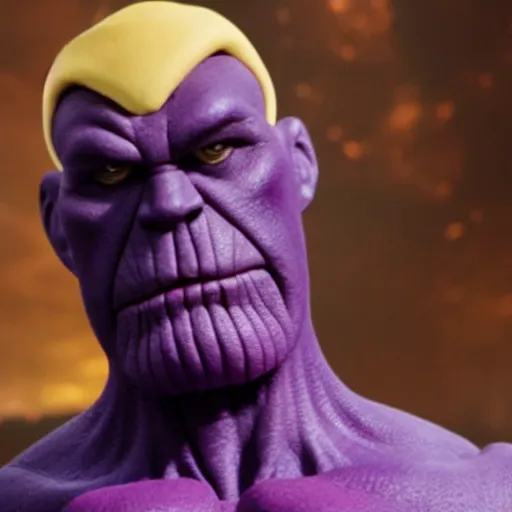 Image similar to thanos as a muppet. purple skin. highly detailed felt. hyper real photo. 4 k.