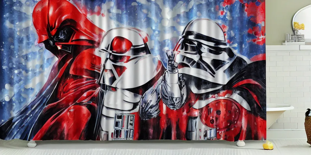 Image similar to shower curtain product catalog. wide - angle photo. on the curtain is a low - angle hero - shot watercolor of a ladybug robot fighting against darth vader. the robot has an epic showdown with darth vader. the water color has ink under drawing. highly coherent, product photography of a shower curtain, product lighting. 4 k, highly detailed. saturated.