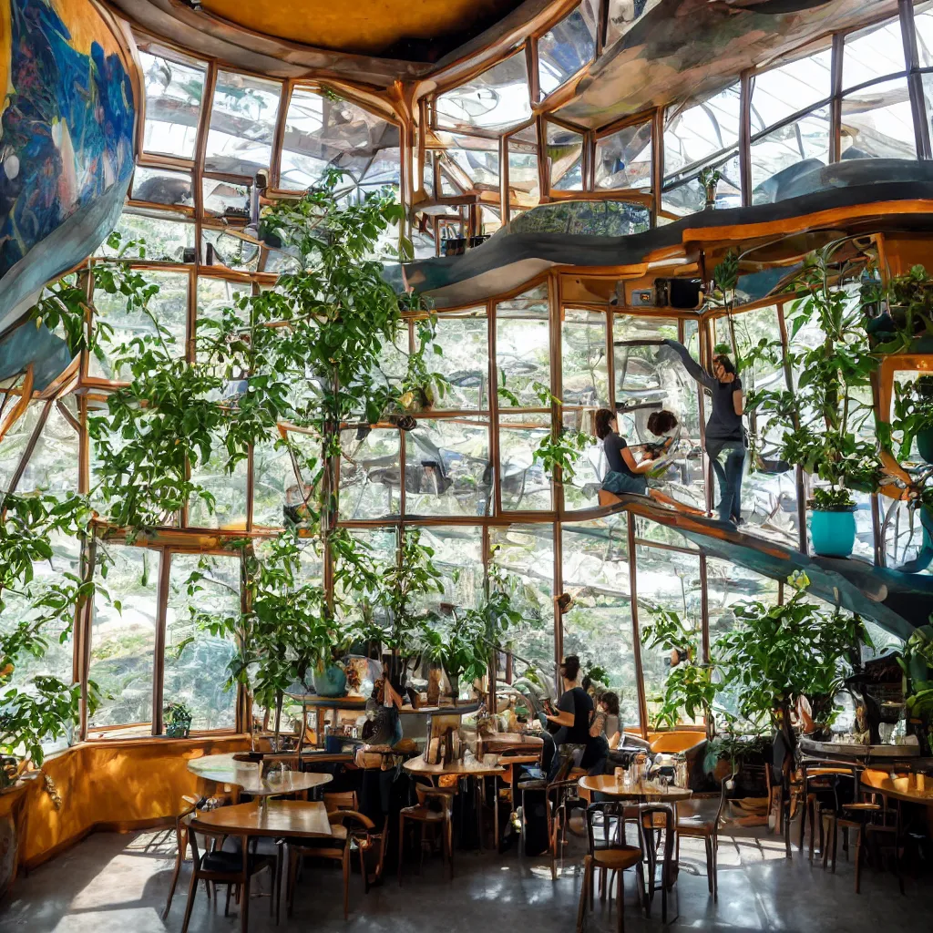 Image similar to inside luxurious earthship cafe with sunken lounge and indoor garden with skylights, friendly barista, and artist painting a calming mural on the wall, clean and simple composition, golden ratio, rule of thirds, XF IQ4, 150MP, 50mm, F1.4, ISO 200, 1/160s, dawn