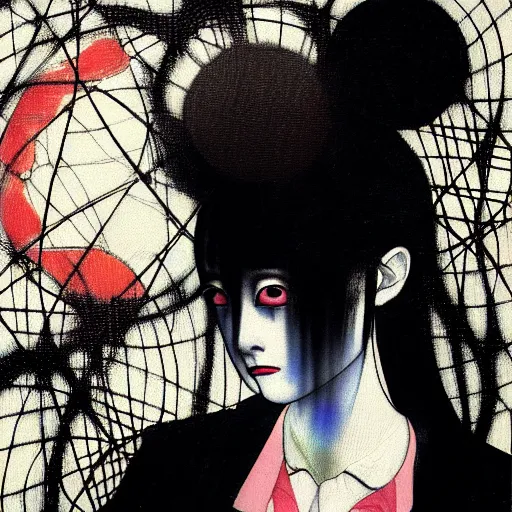 Image similar to yoshitaka amano blurred and dreamy realistic three quarter angle portrait of a young woman with black lipstick and black eyes wearing dress suit with tie, junji ito abstract patterns in the background, satoshi kon anime, noisy film grain effect, highly detailed, renaissance oil painting, weird portrait angle, blurred lost edges