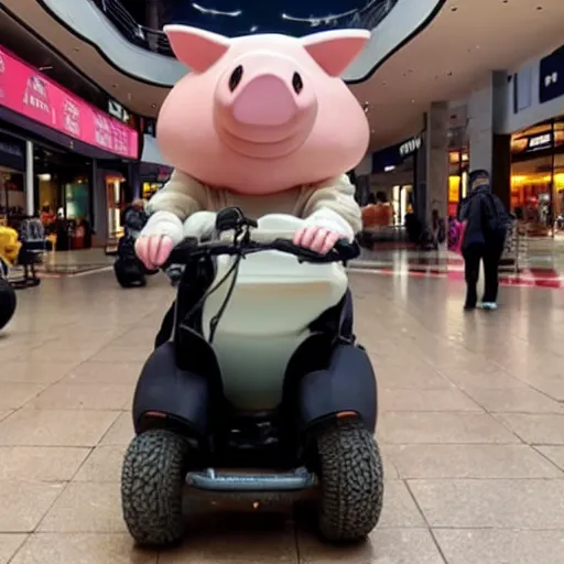 Prompt: photo of a anthropomorphic pig on a mobility scooter in a mall