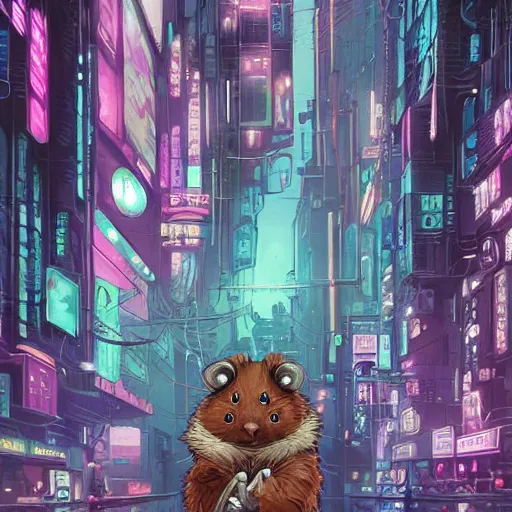 Image similar to high detailed anthropomorphic hamster in a cyberpunk rainy city at night by josan gonzalez, purple and blue neons, unreal engine, high quality, 4 k, uhd, trending on artstation, wires, blade runner vibes, ghost in the shell, akira, dorohedoro