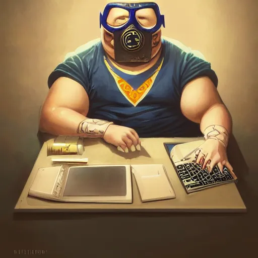 Image similar to an insanely detailed painting of a chubby nerdy asian man wearing a homemade superhero costume and mask, sitting at a computer desk typing on the keyboard, in the style of peter mohrbacher, dramatic lighting and composition, trending on artstation, concept art, comic book, graphic novel, back view