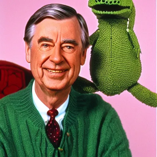 Image similar to mr. rogers with alligator heads instead of hands.