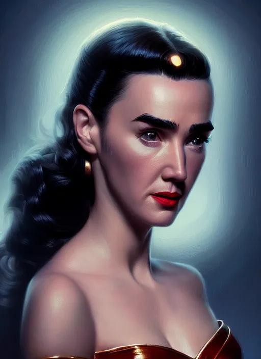 Image similar to portrait of 1 9 5 0 s darna, jennifer connelly, intricate, elegant, glowing lights, highly detailed, digital painting, artstation, glamor pose, concept art, smooth, sharp focus, illustration, art by wlop, mars ravelo and greg rutkowski