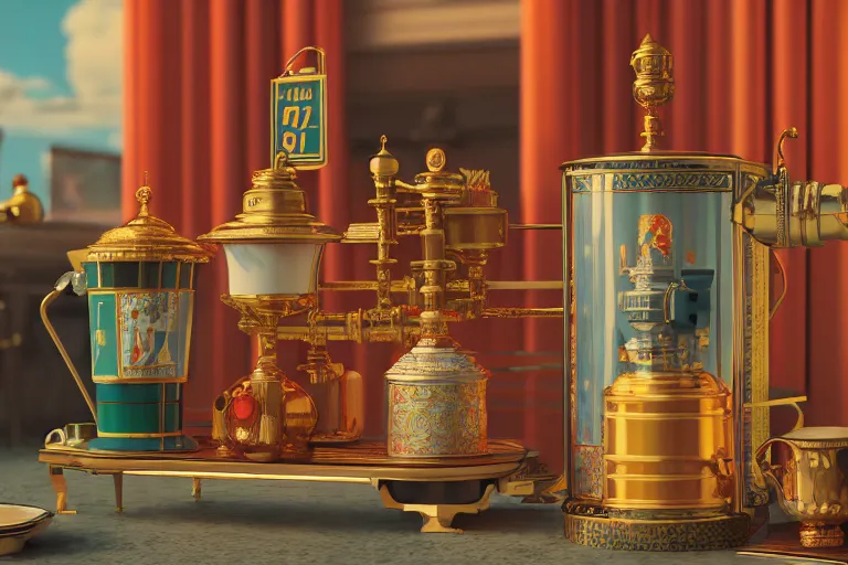 Image similar to a very detailed concept art of wes anderson samovar, trending on artstation, digital art, 4 k, hyper realistic, octane render, sharp focus