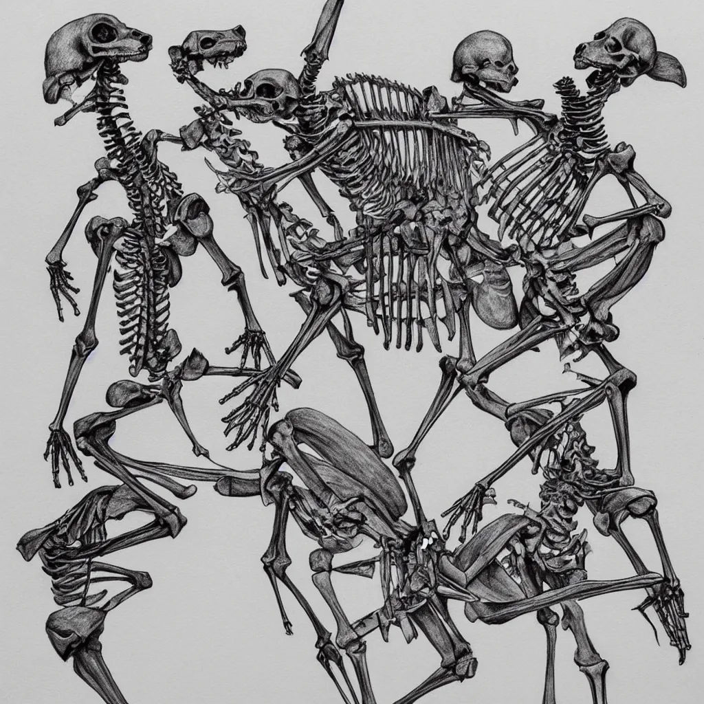 Image similar to t-shirt design of one kangaroo skeleton fighting another kangaroo skeleton, super detailed, symmetrical, pencil illustration