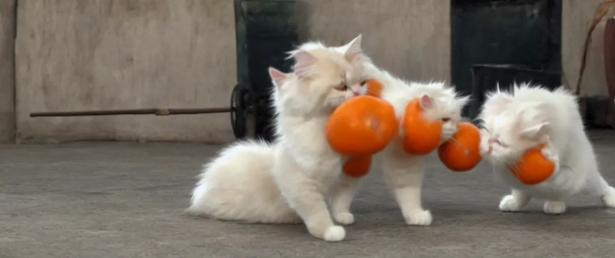 Image similar to white mekong bobtail cat punching an orange persian cat, cinematic