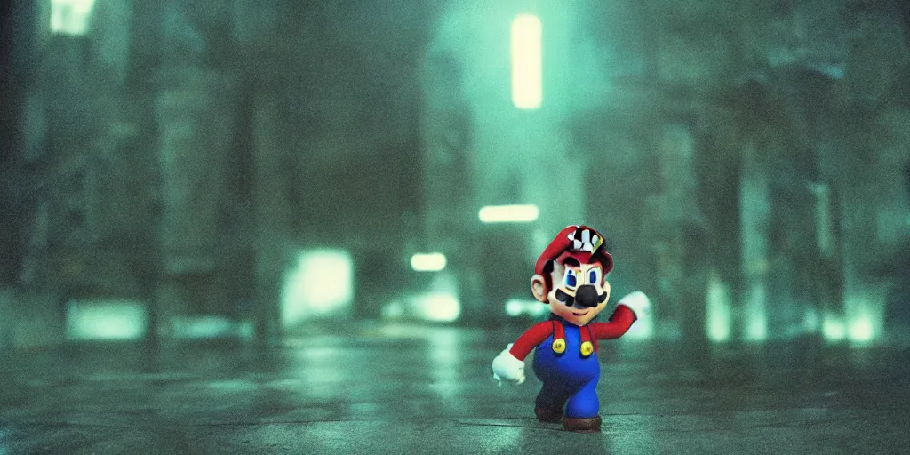 Prompt: super mario, matrix, dslr film, cinestill 8 0 0 t, cinematic shot, white noise, matrix filter