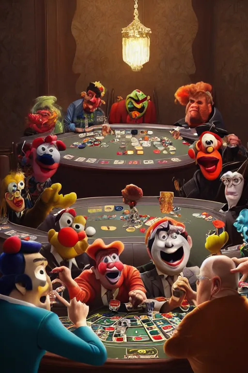 Prompt: pixar serious people playing poker, an angry clown is sitting at the table, screaming | glamorous oily soft polished rich ornate modern | weta disney pixar movie still photo | hi - fructose, sci fi fantasy, smooth, octane render, sharp focus, artstation, concept art | artgerm, mucha, rutkowski, feng zhu, wlop, loish