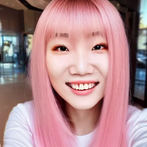 Prompt: beautiful hyperrealism selfie of nikki 苏 暖 暖 from shining nikki, a cute 3 d young woman smiling sofly, long light pink hair and full bangs, flushed face, small heart - shaped face, soft features, amber eyes, chinese heritage, golden hour, 8 k, sharp focus, instagram