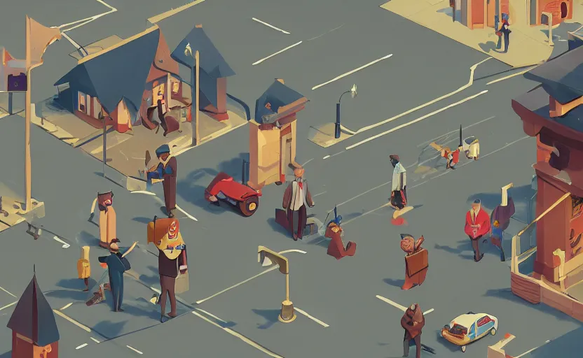 Image similar to townsmen meet a detective to present a new case outside his office building, james gilleard, print, game art
