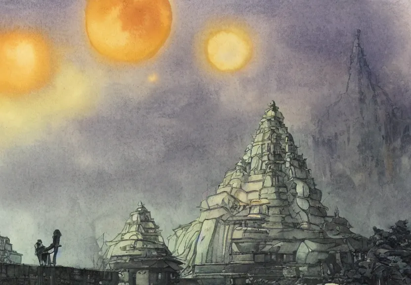 Prompt: a hyperrealist watercolor concept art from a studio ghibli film showing one giant grey aliens. a temple is under construction in the background in india on a misty and starry night. by studio ghibli. very dull muted colors