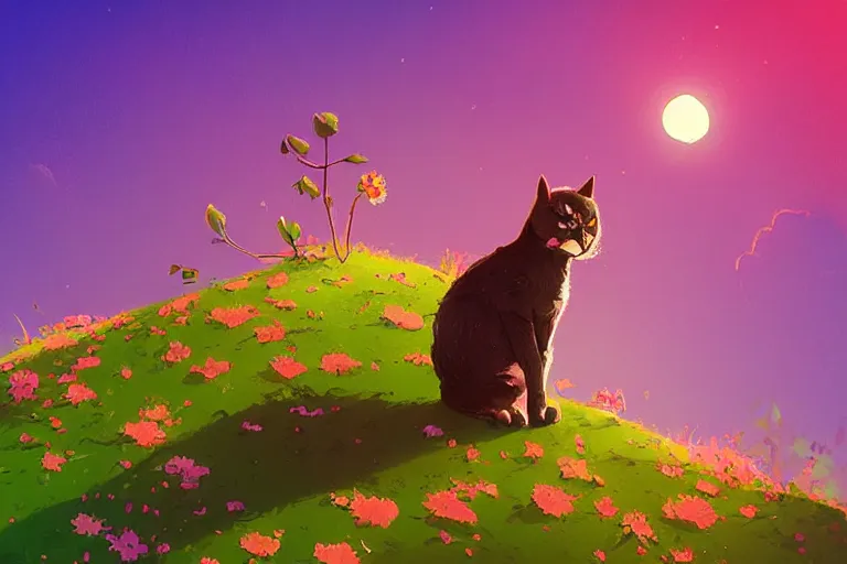 Image similar to a digital art of a cat standing on the top of the hill with flowers around in the afternoon, sunshine, cute, illustration, animal, light effect, highly detailed, by anton fadeev