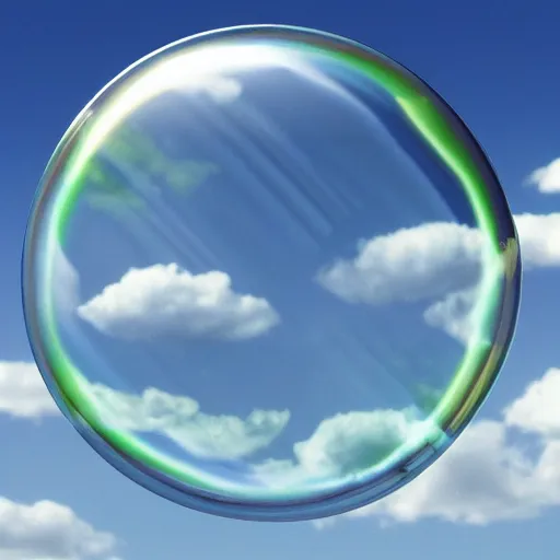 Image similar to A photograph of the Windows XP Bliss wallpaper inside of a giant floating soap bubble, floating in a blue and cloudy sky.