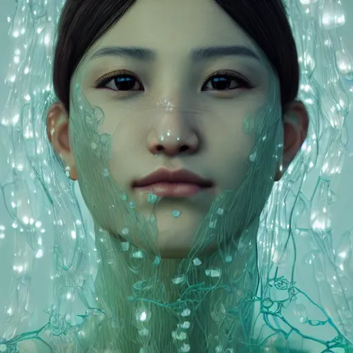 Prompt: intricate highly detailed face portrait of asian - european woman, light mint transparent water vines on her face, intricate, cgsociety, unreal engine, octane render, sharp focus, smooth, volumetric lighting, cinematic composition, artstation c 1 0. 0