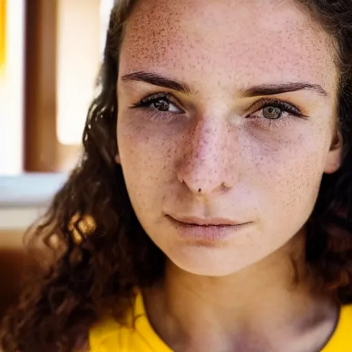 Image similar to a candid portrait of a brunette female, young, athletic, australian, pixellated face, wearing a gold tshirt in a kitchen, closeup
