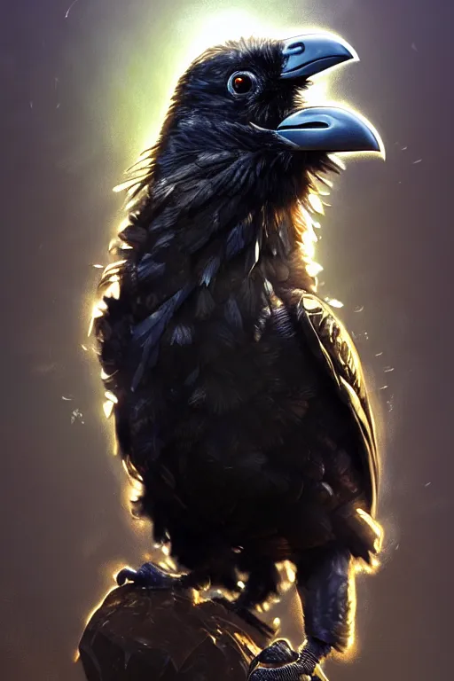 Prompt: clear portrait of a baby raven, cottagecore!!, background hyper detailed, character concept, full body, dynamic pose, glowing lights!! intricate, elegant, highly detailed, digital painting, artstation, concept art, smooth, sharp focus, illustration, art by artgerm and greg rutkowski and alphonse mucha