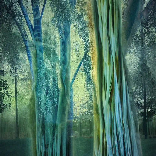 Image similar to double exposure photograph of three eucalyptus trees, flash exposure, autumn, in the style of edward steichen and matisse,