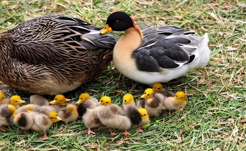 Image similar to a crossbreed of chicken and a duck, with chicks, photo