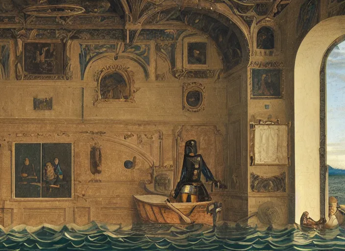 Prompt: a portrait of a robot sitting in a small boat fishing in a renaissance castle room flooded with water,