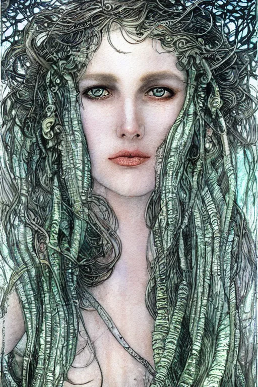 Prompt: realistic closeup portrait of sea witch surrounded by swirling kelp frame, art by luis royo and walter crane and kay nielsen, watercolor illustration,