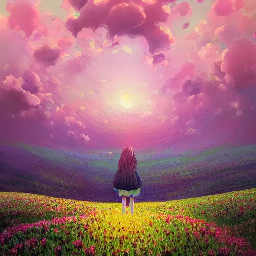 Prompt: girl with a flower face, surreal photography, standing in flower field, in a valley, sunrise dramatic light, impressionistic painting, colorful clouds, artstation, dali, simon stalenhag