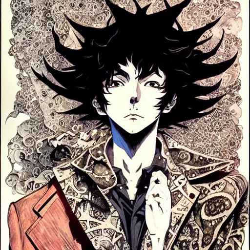 Image similar to prompt: Portrait painted in Cowboy Bebop style drawn by Vania Zouravliov and Takato Yamamoto, inspired by Fables, intricate acrylic gouache painting, high detail, sharp high detail, manga and anime 2000