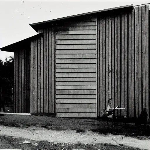 Prompt: 1 9 8 0's vertical wooden siding on newly constructed church in the year 1 9 8 0