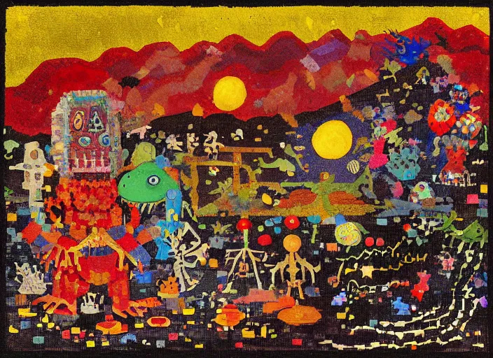 Image similar to pixel decollage painting tarot lovers card composition tower of babel road red armor maggot bear and wonky alien frog skeleton knight on a horse in a dark red cloudy night sky with golden foil jewish stars and diamonds, mountain lake and blossoming field in background, painted by Mark Rothko, Helen Frankenthaler, Danny Fox and Hilma af Klint, pixelated, neo expressionism, semi naive, pastel colors, cinematic, color field painting, cave painting, voxel, pop art look, outsider art, minimalistic. Bill Traylor painting, part by Philip Guston, Amano and Francis Bacon. art by Adrian Ghenie, very coherent symmetrical artwork, cinematic, hyper realism, high detail, octane render, unreal engine, Smooth gradients, depth of field, full body character drawing, extremely detailed, 8k, extreme detail, intricate detail, masterpiece