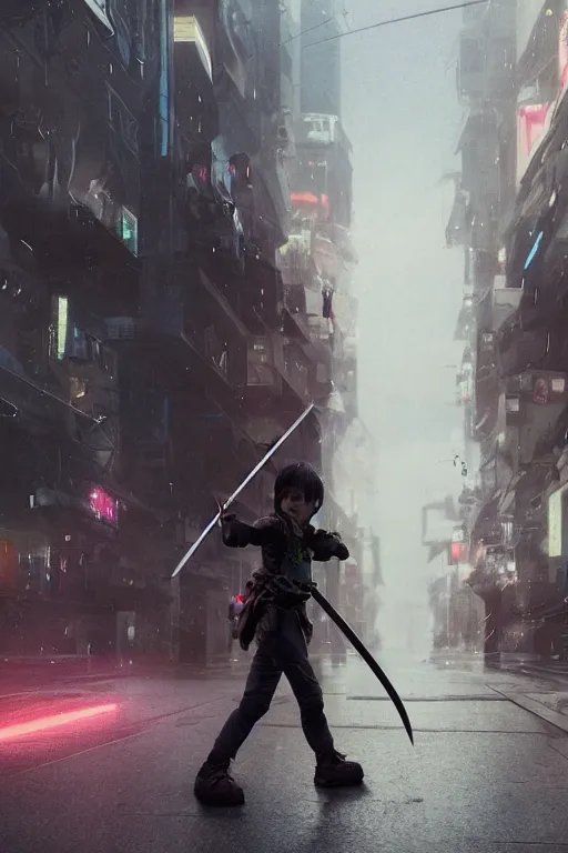 Prompt: a portrait of a small person wearing a katana in the middle foreground walking in the street of a sci-fi city by Greg Rutkowski, Sung Choi, Mitchell Mohrhauser, Maciej Kuciara, Johnson Ting, Maxim Verehin, Peter Konig, final fantasy , mythical, 8k photorealistic, cinematic lighting, HD, high details, atmospheric,