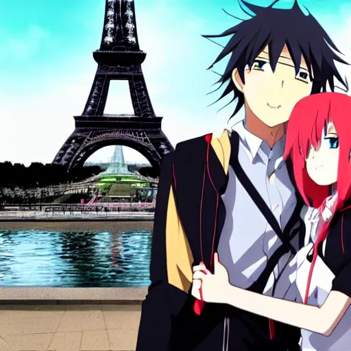 Prompt: Hikigaya Hachiman holding hands with Zero Two in front of the Eiffel Tower, anime style