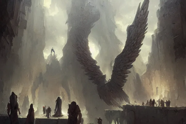 Prompt: people witnessing the rise old testament angels by greg rutkowski