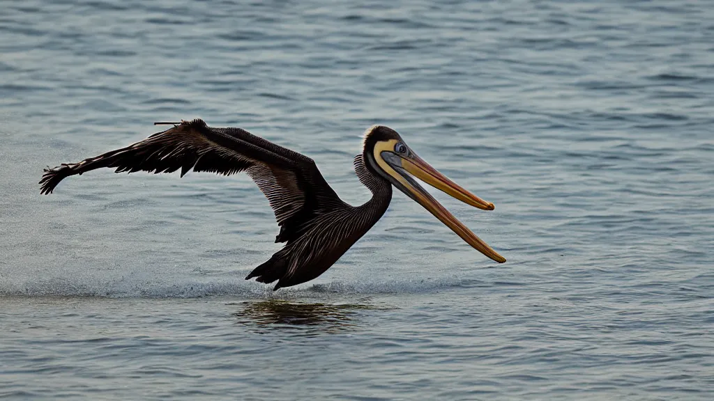 Image similar to wildlife photography, a brown pelican, gliding across the beach front on Stewart beach Galveston at sunset, award winning photography