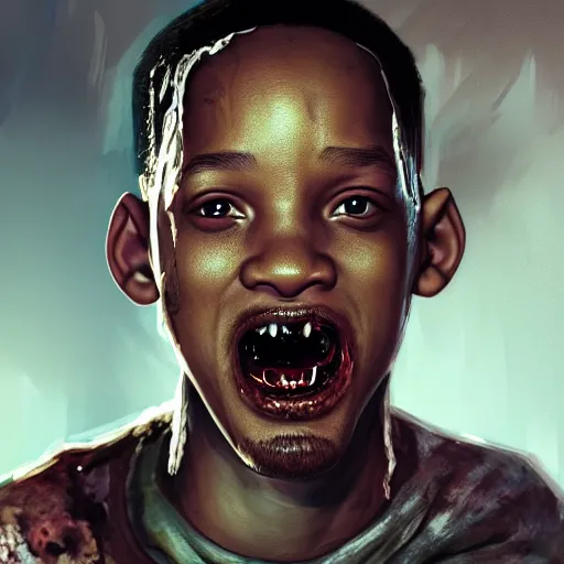 Image similar to young will smith as a bloody zombie, 7 days to die zombie, fine art, award winning, intricate, elegant, sharp focus, cinematic lighting, highly detailed, digital painting, 8 k concept art, art by guweiz and z. w. gu, masterpiece, trending on artstation, 8 k