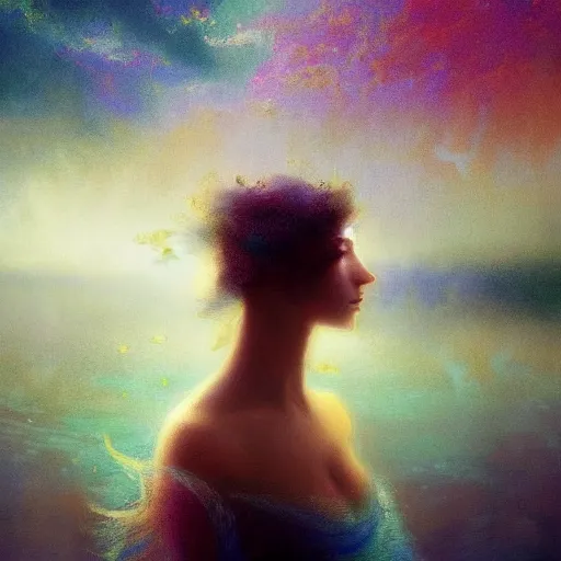 Prompt: i woke up in a world that had fragments of you. three-quarters portrait, flaky paper skin, different colored multicolored eyes, long flowing hair underwater, imagination cosmic dream, dreamy, 8k artgerm bokeh, award winning photography, trending on artstation, by Ivan Aivazovsky and Odilon Redon