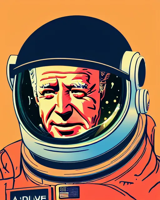 Image similar to joe biden 2 6 years old astronaut, retro space helmet, forbidden planet 1 9 5 6, retro futurism 1 9 5 0 s, half portrait by stanley artgerm, dramatic lighting, ilya kuvshinov, trending on artstation, flat colour, geometric curves, gradient filter, pleasing tone colours, space walk, by conrad roset