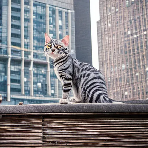 Prompt: an American Shorthair stretch on the rooftop of a metropolis