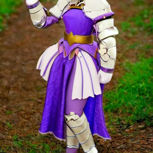 Image similar to Alicia is an honorable Princess Knights. She has straight blonde hair, purple eyes and platinum armor. Alicia has a tiny blue skirt that's mere decoration, and some brown leggings.