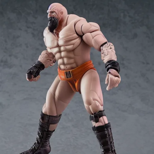 Image similar to Full body shot of a highly detailed flexible Triple H vinyl plastic figurine as a villain, highly detailed face, white background, 3d, high quality, depth of field, high contrast, 8k, concept art, smooth, sharp focus, highly detailed, wrestling, WWE