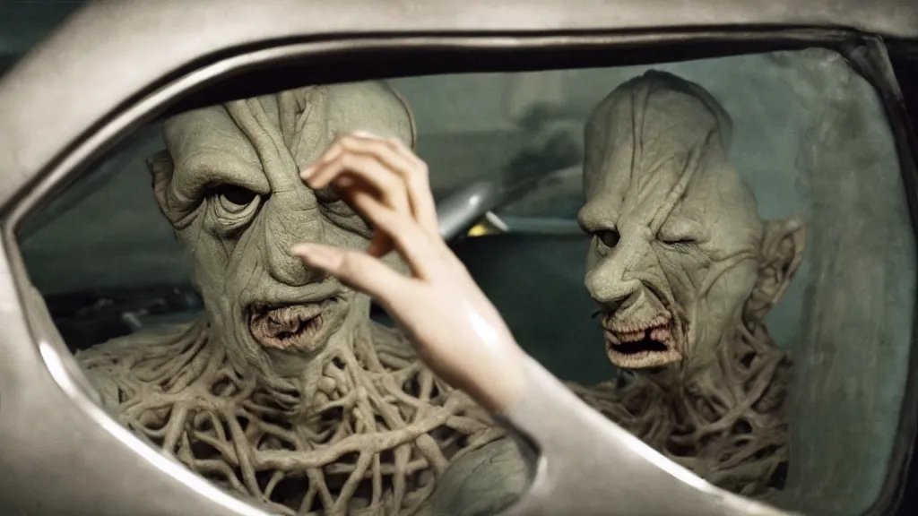 Image similar to the creature sits in a car, made of wax and metal, film still from the movie directed by Denis Villeneuve and David Cronenberg with art direction by Salvador Dalí, wide lens