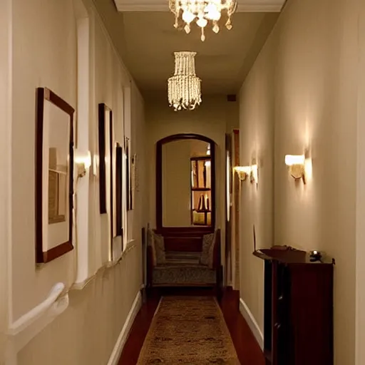 Prompt: grandma hallway night time hallway with beige wallpaper