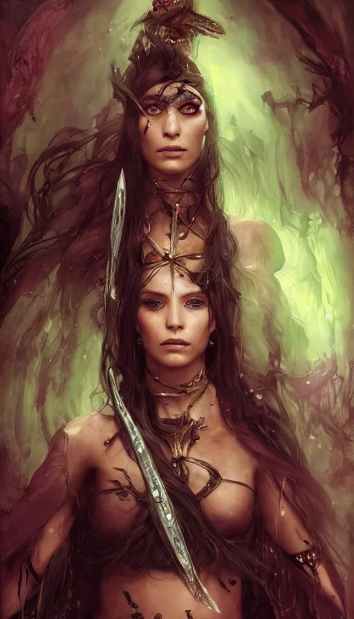 Prompt: epic masterpiece portrait of a dark sorceress with a magic wand, on the battlefield, tribe makeup and jewelry, sweaty skin, hyperrealistic, octane render, cinematic, followed by heads with many faces, beautiful face and flawless skin, perfect hands, emeralds by Edgar Maxence and Ross Tran and Michael Whelan, Legends of Runeterra