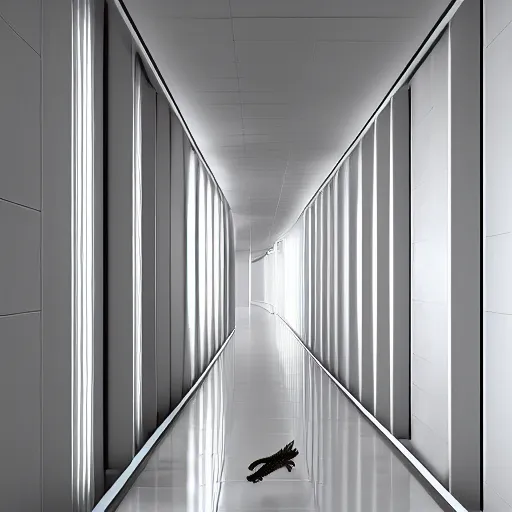 Image similar to infinite white metallic hallway with different colored lizards crawling on the walls, 4k realistic photo