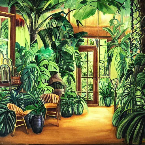 Prompt: a jungle in a cafe, painting