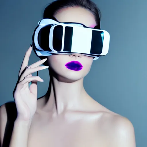 Image similar to high fashion photography of a model in neo futurism white sci - fi makup, wearing vr goggles, transparent cloth, beautifully lit