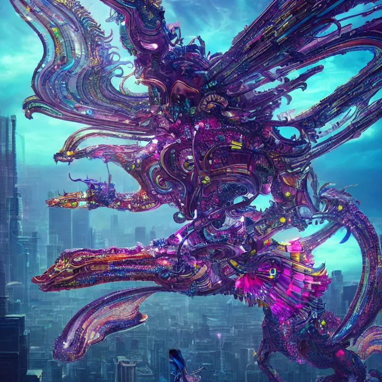Prompt: a futuristic colorful alien city made of crystals, phoenix dragon, butterfly squid, burning halo, intricate artwork by Tooth Wu and wlop and beeple, greg rutkowski, very coherent symmetrical artwork, cinematic, hyper realism, high detail, octane render, unreal engine, 8k, Vibrant colors, Smooth gradients, High contrast, depth of field by Jacek Yerka, Mariusz Lewandowski, Houdini algorithmic generative render, Abstract brush strokes, Masterpiece, Edward Hopper and James Gilleard, Zdzislaw Beksinski, Mark Ryden, Wolfgang Lettl, hints of Yayoi Kasuma, octane render, 8k