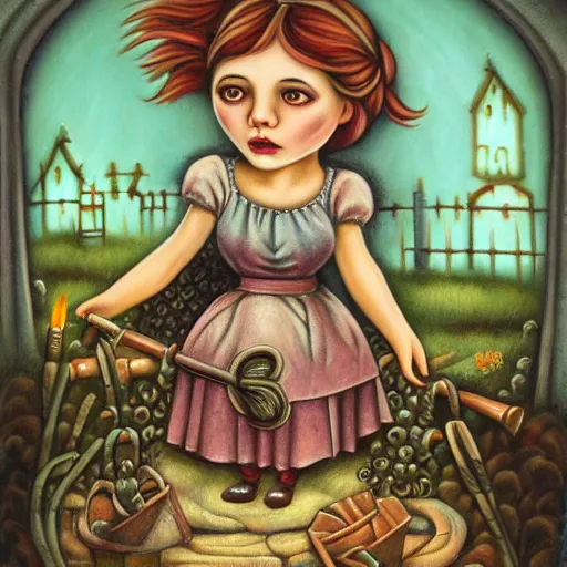 Image similar to the blacksmiths daughter, in the forge, lowbrow in the style of Mark Ryden,