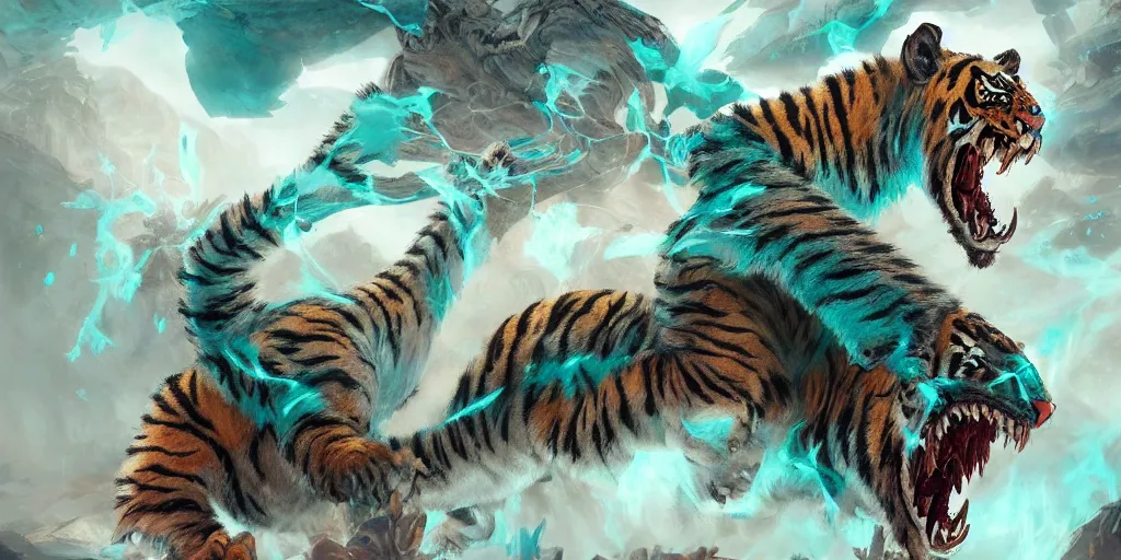 Image similar to Ghostly tiger creature made out of turquoise energy character design sheet, Monster Hunter Illustrations art book, Bright sparks, claws, huge sabertooth fangs, Moebius, Greg Rutkowski, Zabrocki, Karlkka, Jayison Devadas, Phuoc Quan, trending on Artstation, 8K, ultra wide angle, zenith view, pincushion lens effect.