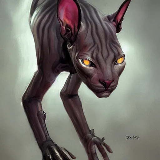 Prompt: a cyborg!!!! sphynx cat concept art by daniel gerhartz